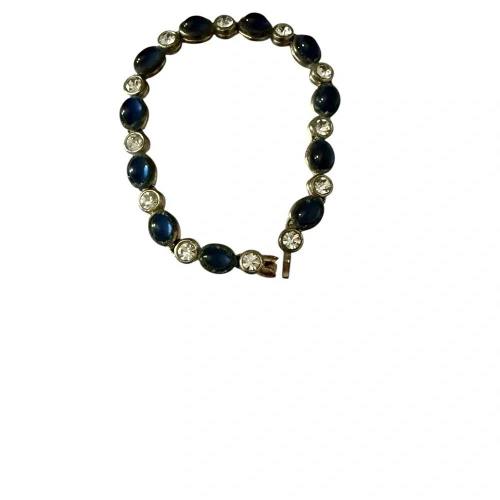 Vintage Cabochon Gold Plated Sapphire Colored  Crystals Tennis Bracelet